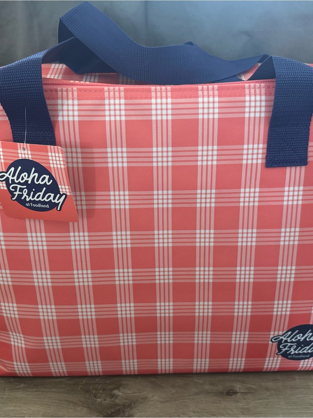 Foodland Palaka Coral shopping Tote with Navy Handles